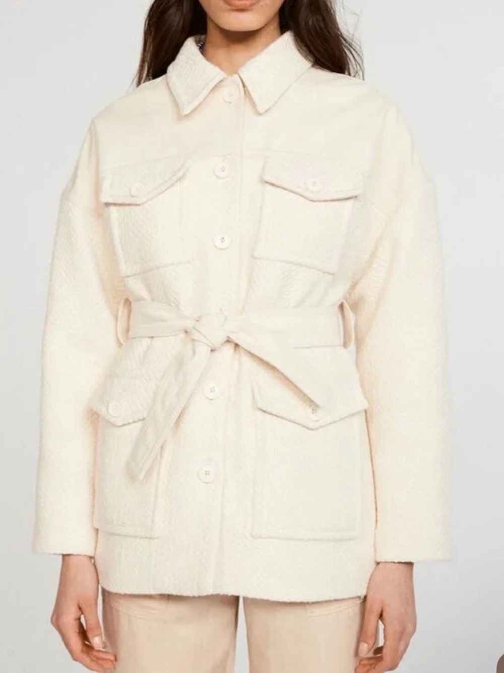 Cream Belted Cream Cotton Blend Twill Jacket size Medium